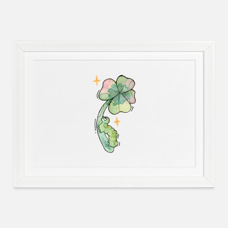 Glücksbringer Raupe auf Kleeblatt - Gerahmtes Poster (37 × 27 cm) - Weiß