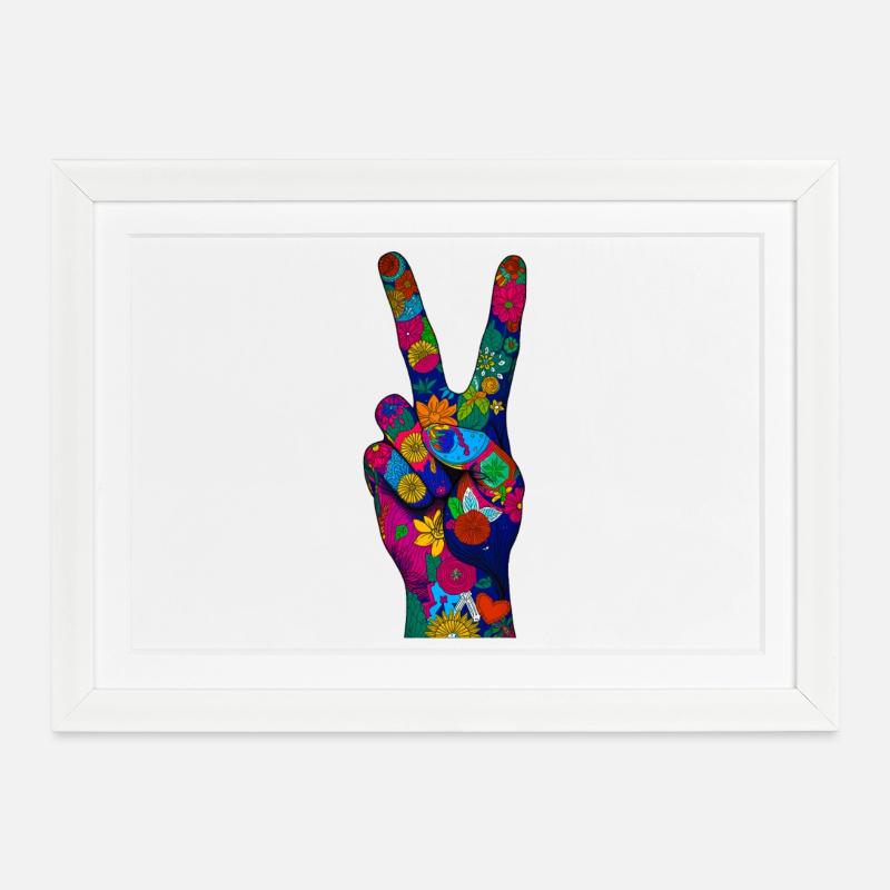 Blumen-Friedenszeichen Hand in lebendiger Farbe - Gerahmtes Poster (37 × 27 cm) - Weiß