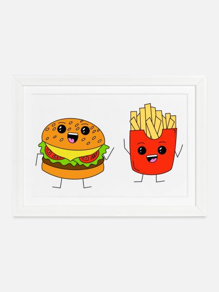 Burger & Fries - Gerahmtes Poster (37 × 27 cm) - Weiß