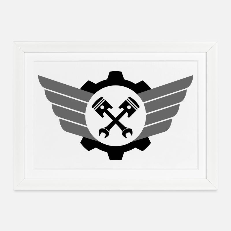 Piston key crossed with gear and wing - Framed poster (37 × 27 cm) - white