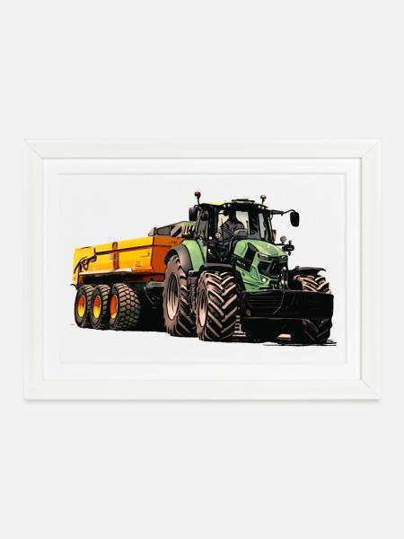 Traktor mit Anhänger Kipper - Gerahmtes Poster (37 × 27 cm) - Weiß