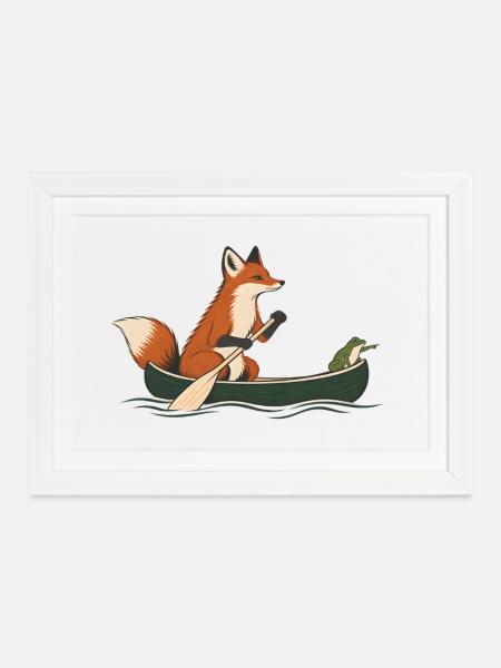 Fuchs und Frosch im Kanu – Outdoor-Abenteuer - Gerahmtes Poster (37 × 27 cm) - Weiß
