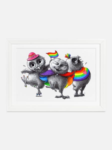 Lustige tanzende Pride Eulen - Gerahmtes Poster (37 × 27 cm) - Weiß