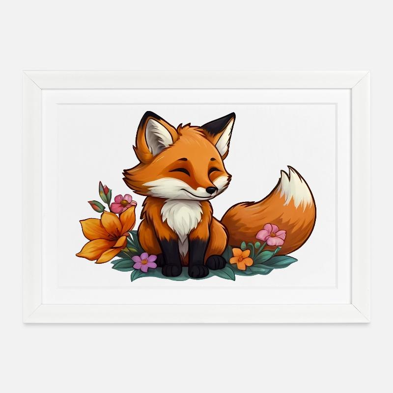 Fuchs mit Blumen - Floral Fox - Gerahmtes Poster (37 × 27 cm) - Weiß