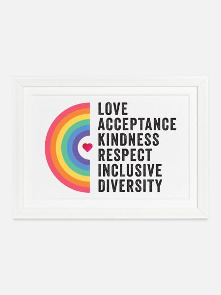 LGBT Pride Month - Liebe. Akzeptanz. Freundlichkeit. - Gerahmtes Poster (37 × 27 cm) - Weiß