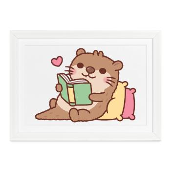 Niedlicher Otter entspannt mit dem Buch - Gerahmtes Poster (37 × 27 cm) - Weiß - Vorne