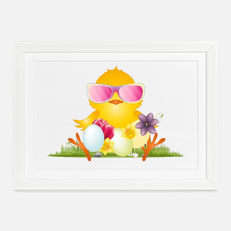 fluffy chick with Easter eggs and pink glasses - Framed poster (37 × 27 cm) - white