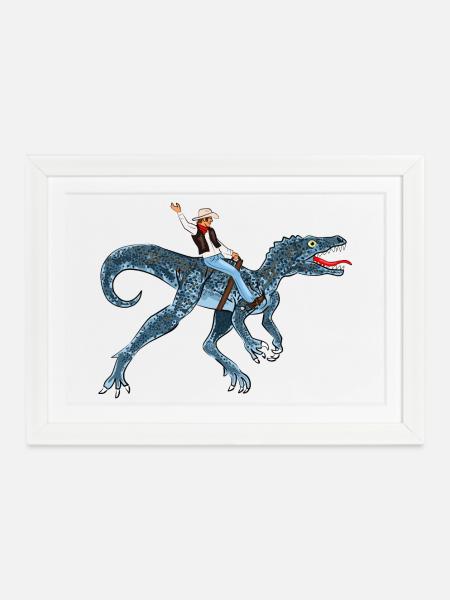 Abenteuerlicher Dinosaurier-Reiter - Gerahmtes Poster (37 × 27 cm) - Weiß