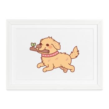 Niedlicher Golden Retriever Welpe läuft mit Stock - Gerahmtes Poster (37 × 27 cm) - Weiß - Vorne