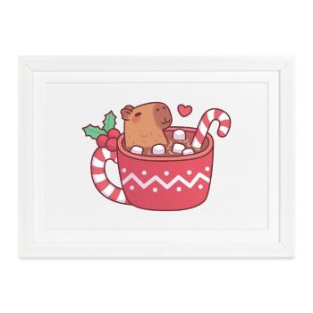 Süßes Kapybara entspannt in heißer Schokolade mit Marshmall - Gerahmtes Poster (37 × 27 cm) - Weiß - Vorne