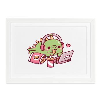 Süßer Dino entspannt mit Snacks und Laptop - Gerahmtes Poster (37 × 27 cm) - Weiß - Vorne