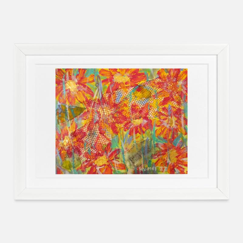 Prairie fleurie vivante dans le style impression - Affiche encadrée (37 × 27 cm) - blanc