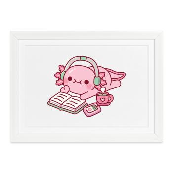 Niedlicher Axolotl entspannt mit Buch und Musik - Gerahmtes Poster (37 × 27 cm) - Weiß - Vorne