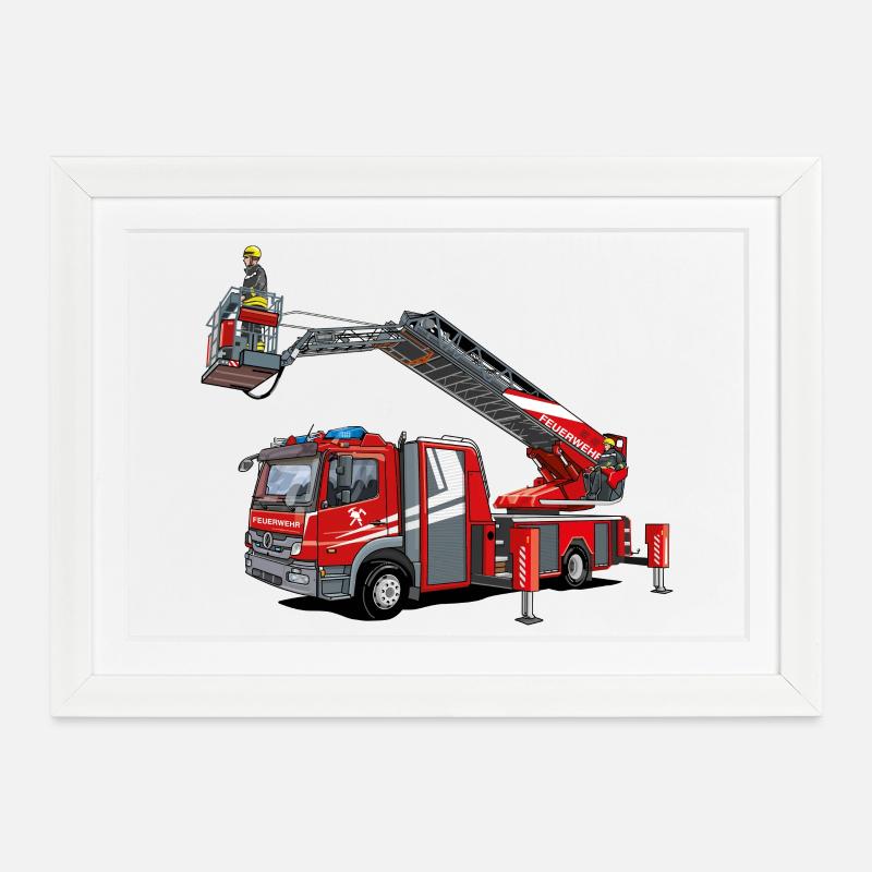 Fire brigade turntable ladder with rescue cage - Framed poster (37 × 27 cm) - white