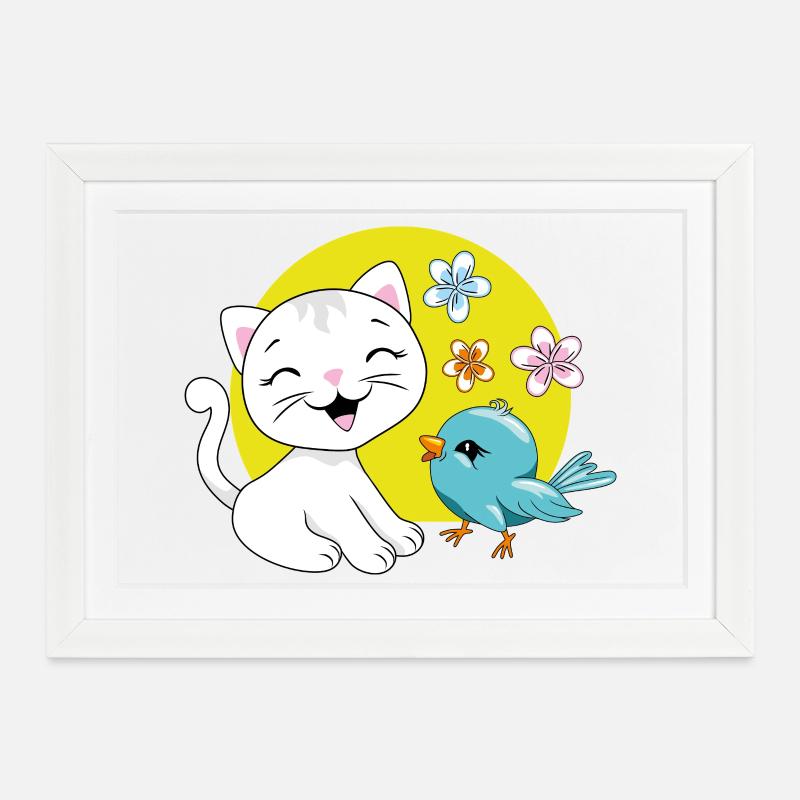 Das weiße Kätzchen und der blaue Vögelchen - Gerahmtes Poster (37 × 27 cm) - Weiß