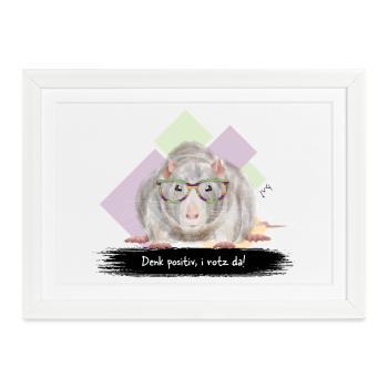 JvG Ratte "Denk positiv, i roz da!" - Gerahmtes Poster (37 × 27 cm) - Weiß - Vorne