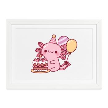 Niedlicher Axolotl mit Geburtstagskuchen und Luftballons - Gerahmtes Poster (37 × 27 cm) - Weiß - Vorne