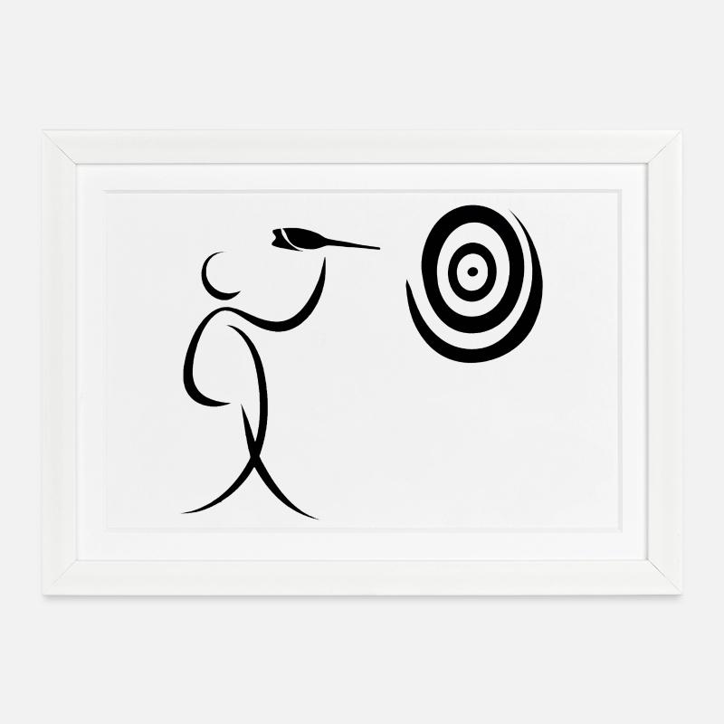 Joueur de fléchettes minimaliste avec fléchette et fléchette - Affiche encadrée (37 × 27 cm) - blanc
