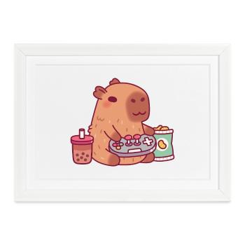 Süßes Capybara spielt Videospiele mit Boba Tea - Gerahmtes Poster (37 × 27 cm) - Weiß - Vorne
