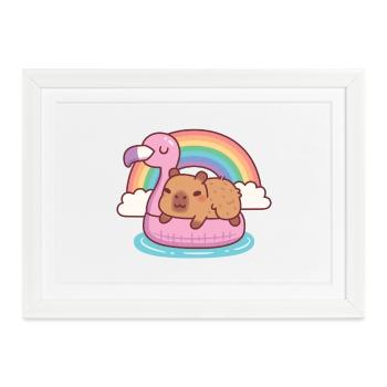Niedliche Kapybara chillt auf Flamingo-Float-Regenbogen - Gerahmtes Poster (37 × 27 cm) - Weiß - Vorne