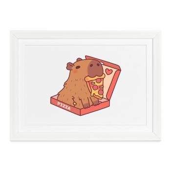 Süßes Capybara mit Pizza in Pizzaschachtel - Gerahmtes Poster (37 × 27 cm) - Weiß - Vorne