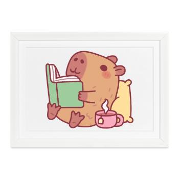Niedliche Capybara entspannt und liest ein Buch - Gerahmtes Poster (37 × 27 cm) - Weiß - Vorne