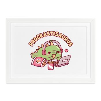Procrastisaurus süßer Dino entspannt mit dem Laptop - Gerahmtes Poster (37 × 27 cm) - Weiß - Vorne