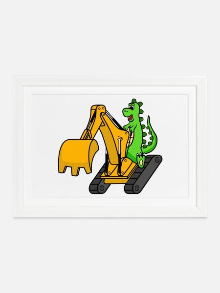 Dino Bagger Dinosaurier - Gerahmtes Poster (37 × 27 cm) - Weiß