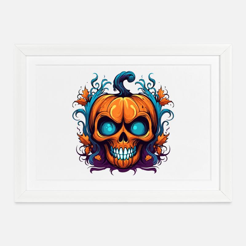 Crâne de citrouille orange - Affiche encadrée (37 × 27 cm) - blanc