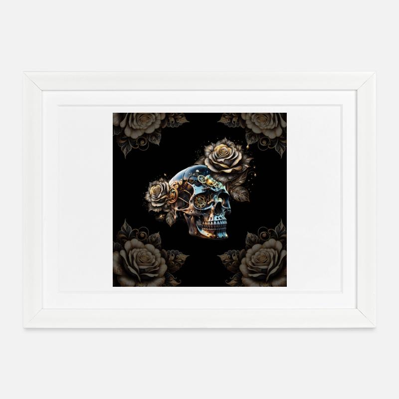 Stunning dark steampunk skull with roses - Framed poster (37 × 27 cm) - white