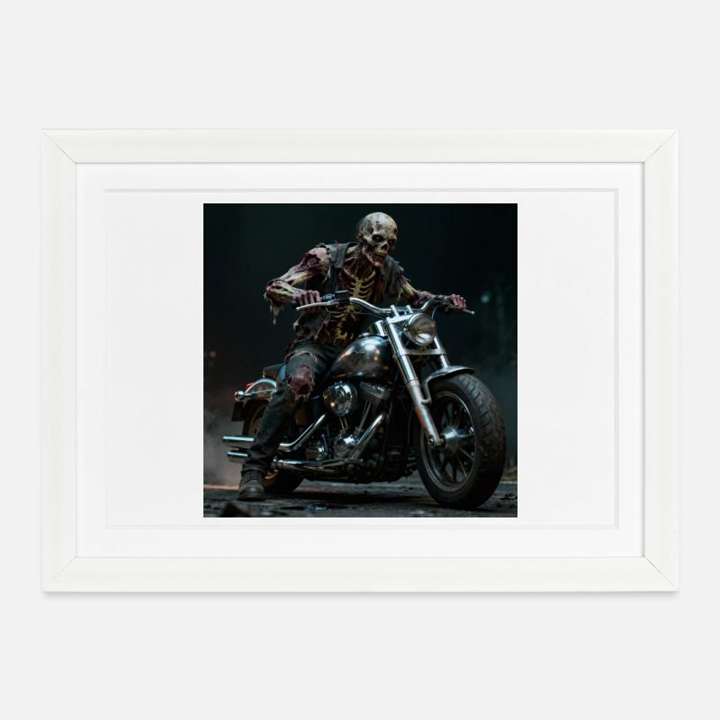 Zombie biker on motorcycle in pit light - Framed poster (37 × 27 cm) - white