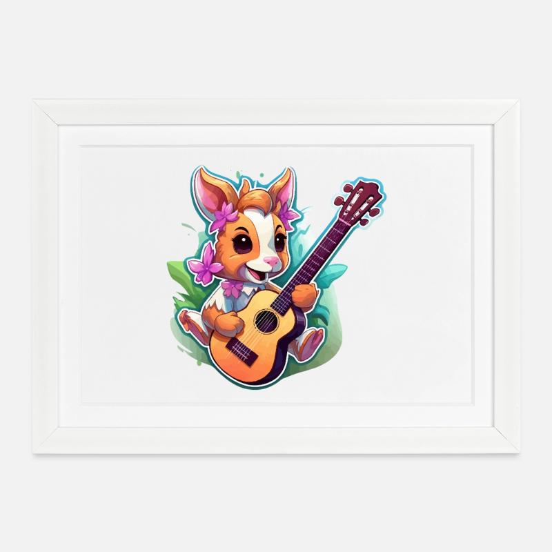 Rabbit with Guitar and Flowers - Framed poster (37 × 27 cm) - white