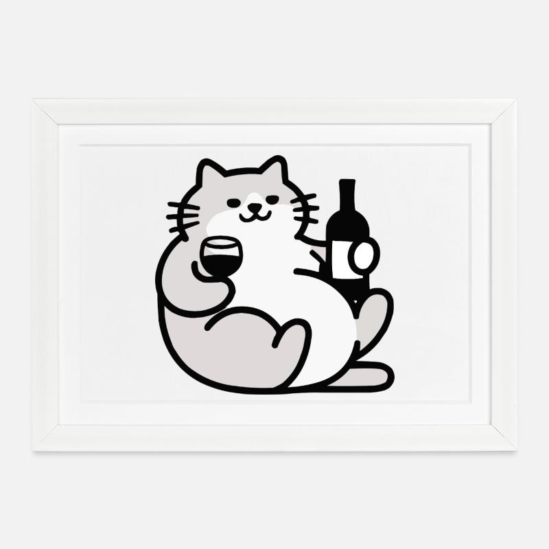 Cat with Wine Illustration - Framed poster (37 × 27 cm) - white