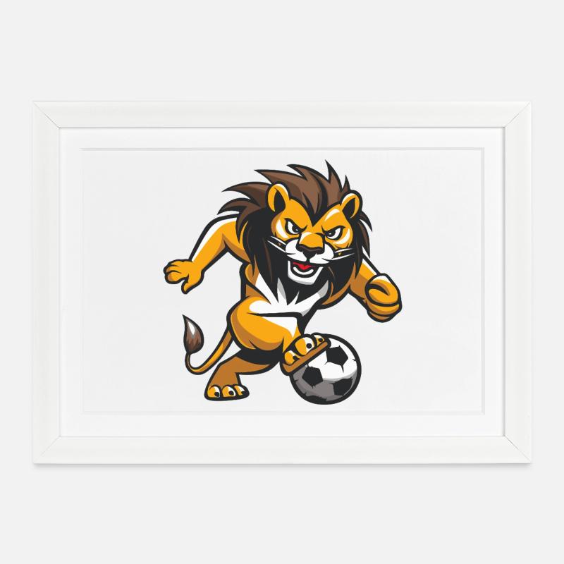 Lion Soccer Dessin animé - Affiche encadrée (37 × 27 cm) - blanc