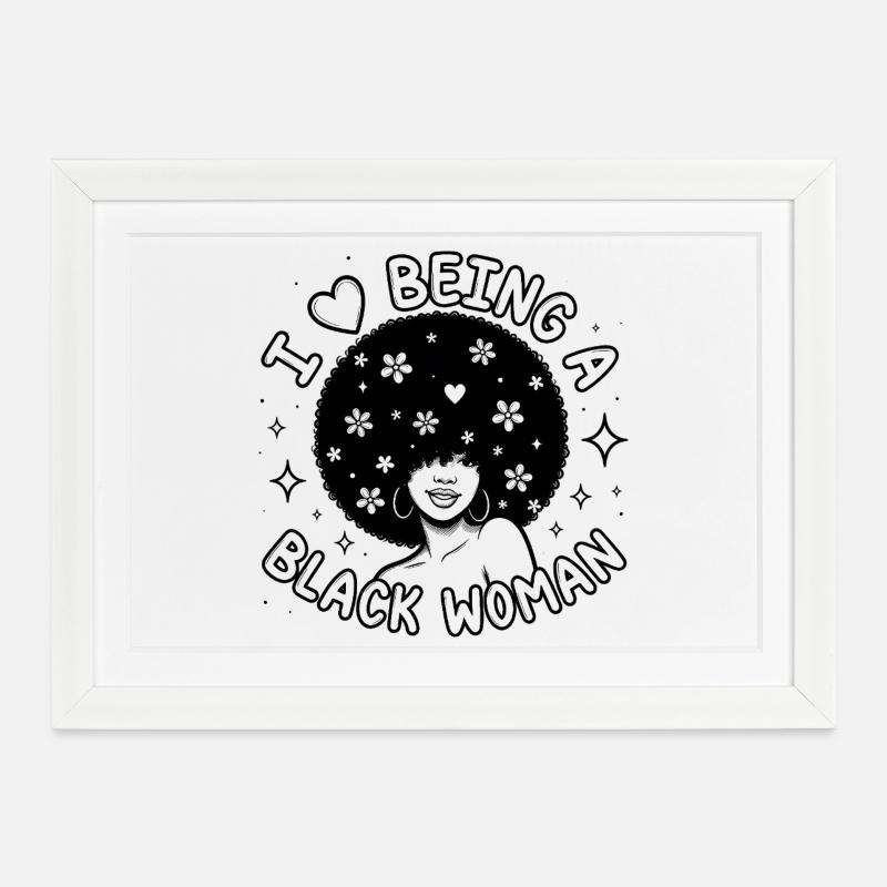 Femme noire Pride Fleur Afro Cœur Design - Affiche encadrée (37 × 27 cm) - blanc