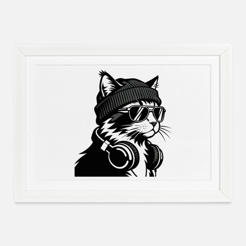 Cat Beat avec chapeau et casque - Affiche encadrée (37 × 27 cm) - blanc