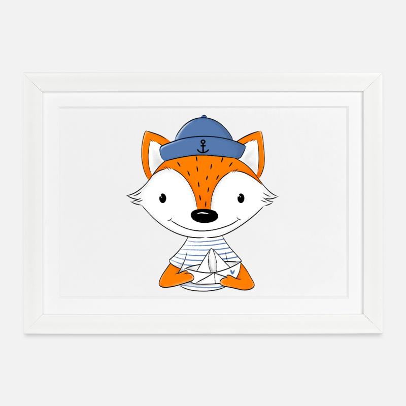 Renard marin avec bateau en papier - Affiche encadrée (37 × 27 cm) - blanc