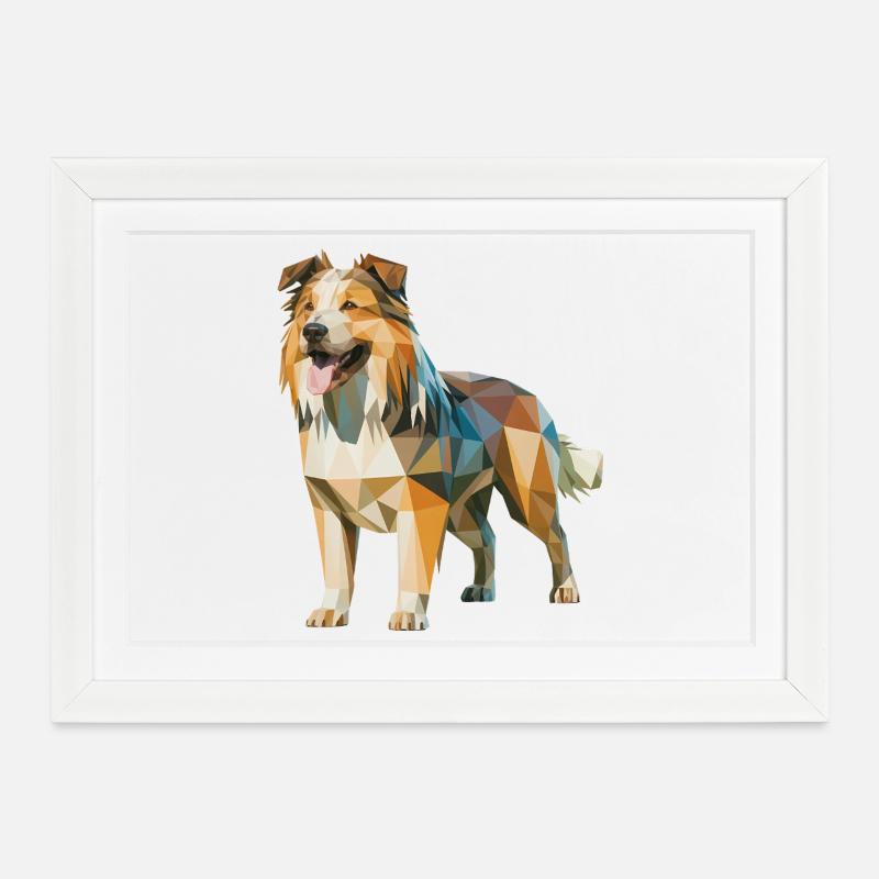 Australian Shepherd - Cooles Low Poly Logo - Gerahmtes Poster (37 × 27 cm) - Weiß