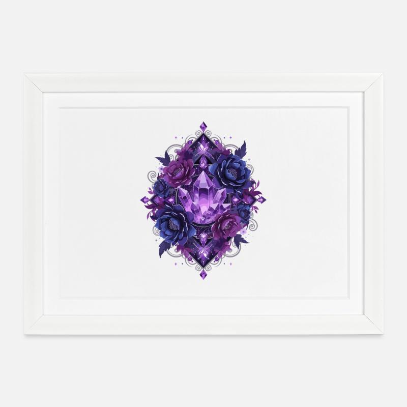Violette Kristallblüten Mandala - Gerahmtes Poster (37 × 27 cm) - Weiß