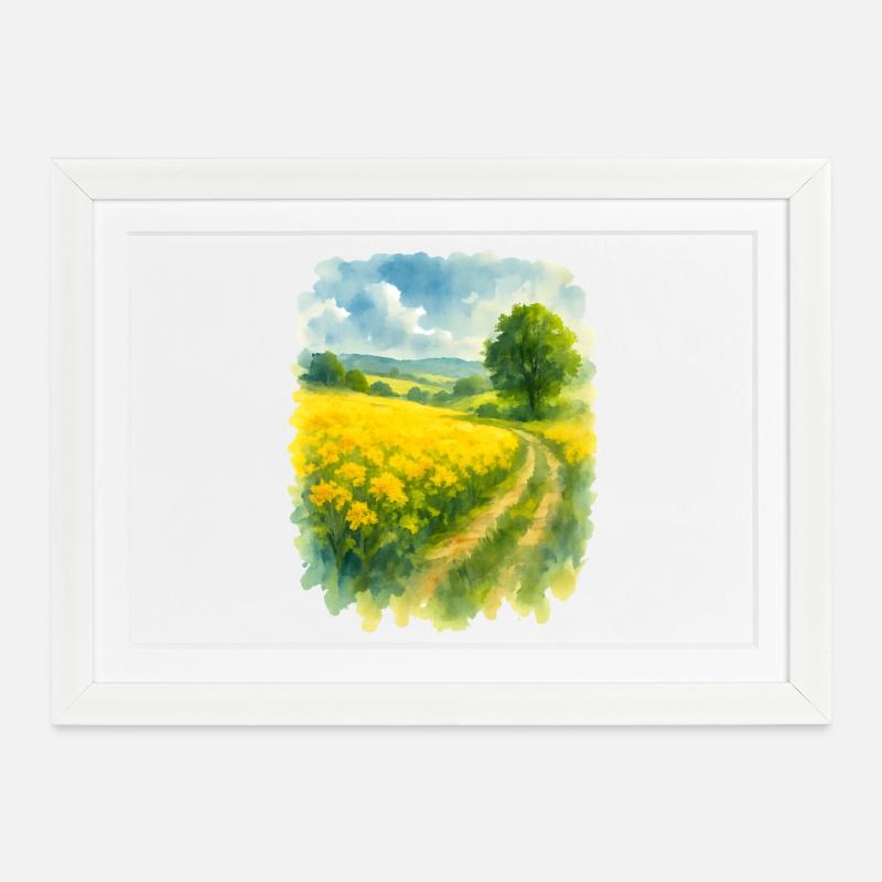 Spring-like landscape with rapeseed field - Framed poster (37 × 27 cm) - white