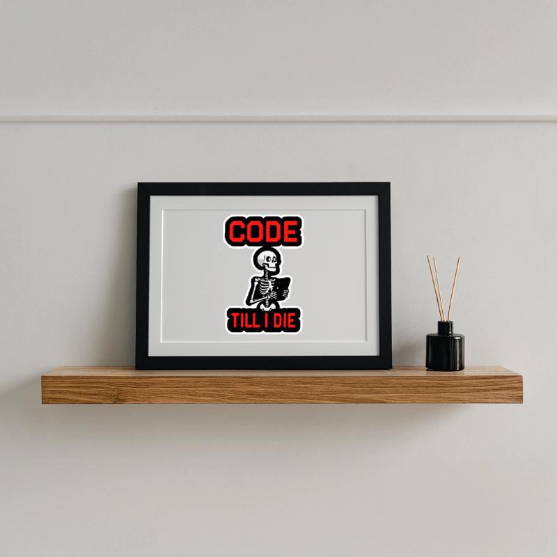 Skelett mit Computer CODE TILL I DIE Gerahmtes Poster (37 × 27 cm)