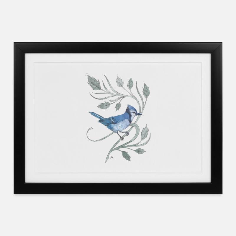 Blauer Eichelhäher auf einem Zweig mit Blättern - Gerahmtes Poster (37 × 27 cm) - Schwarz