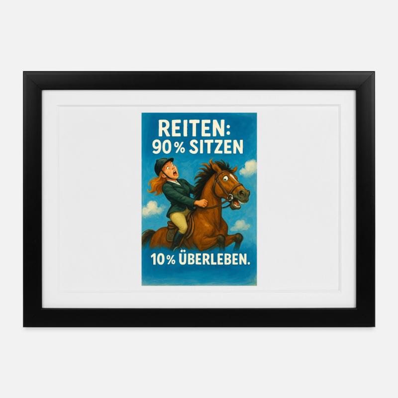 Pferdesport Humor: Sitzen vs Überleben - Gerahmtes Poster (37 × 27 cm) - Schwarz