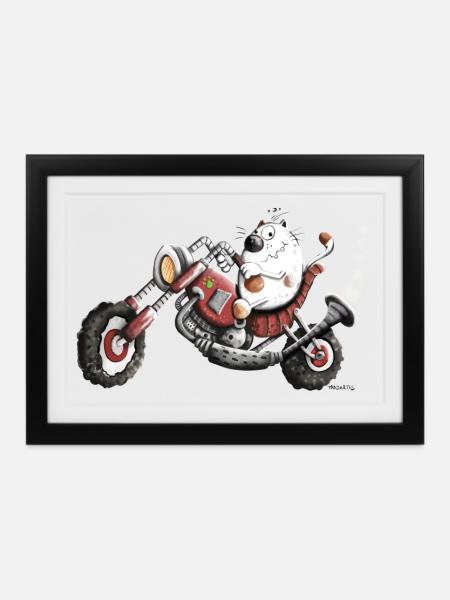 Katze Fährt Motorrad Schoppper - Gerahmtes Poster (37 × 27 cm) - Schwarz