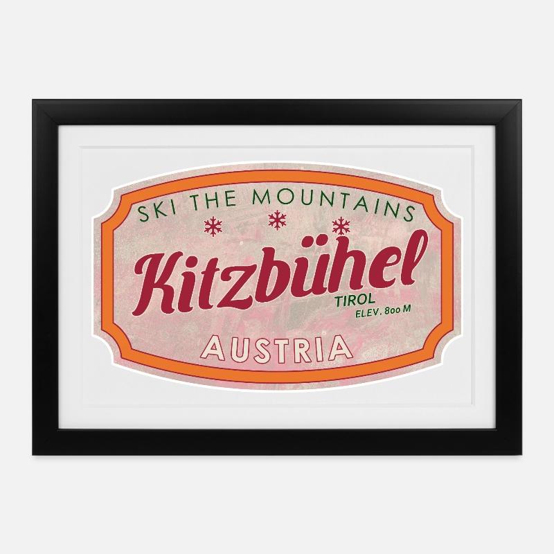 Alpine Vintage Label Kitzbühel Austria - Affiche encadrée (37 × 27 cm) - noir