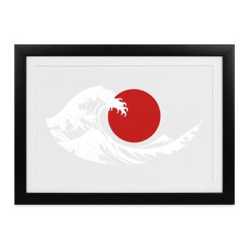 Große Welle Rote Sonne Japanische Ästhetik - Gerahmtes Poster (37 × 27 cm) - Schwarz - Vorne