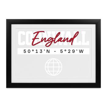 Cornwall England Koordinaten Reise Souvenir - Gerahmtes Poster (37 × 27 cm) - Schwarz - Vorne