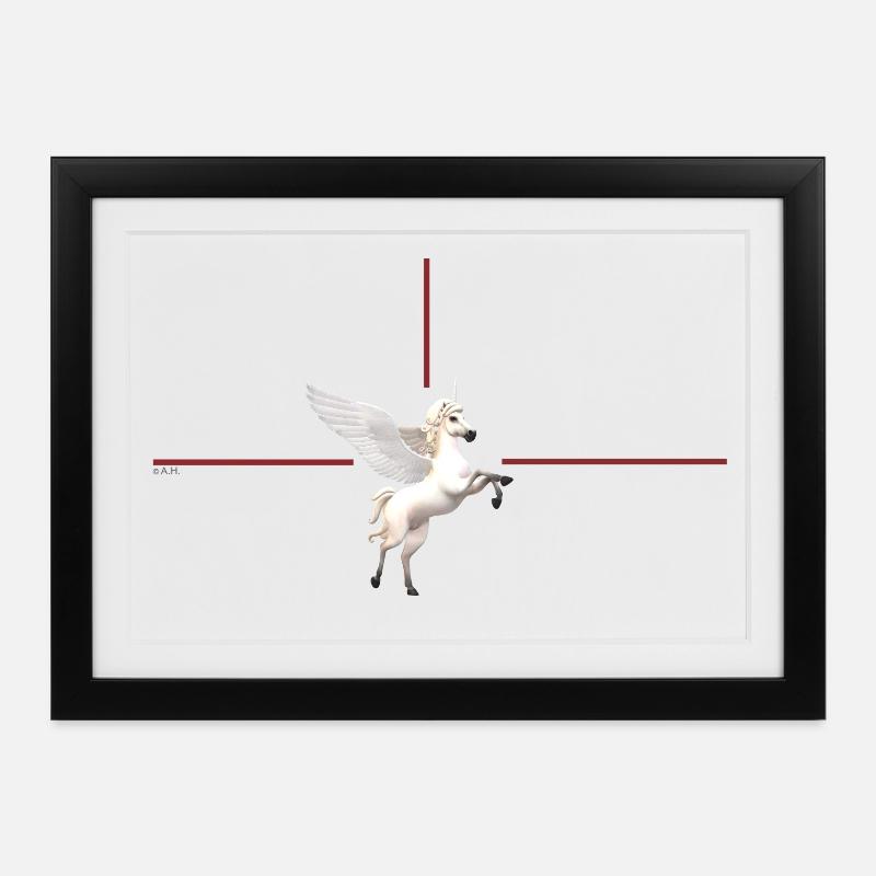 Licorne ailée devant des lignes rouges - Affiche encadrée (37 × 27 cm) - noir