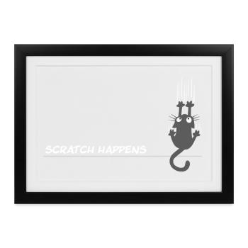 Scratch Happens – Lustiges Katzen Wortspiel - Gerahmtes Poster (37 × 27 cm) - Schwarz - Vorne