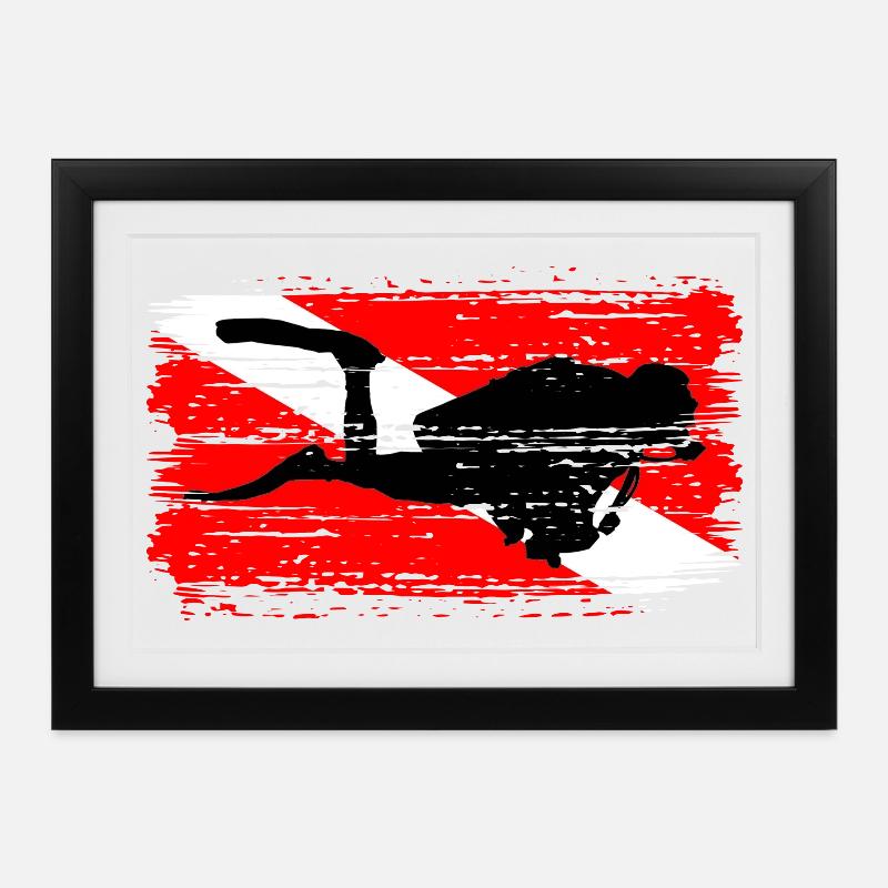 Diving Silhouette on Red Flag - Framed poster (37 × 27 cm) - black